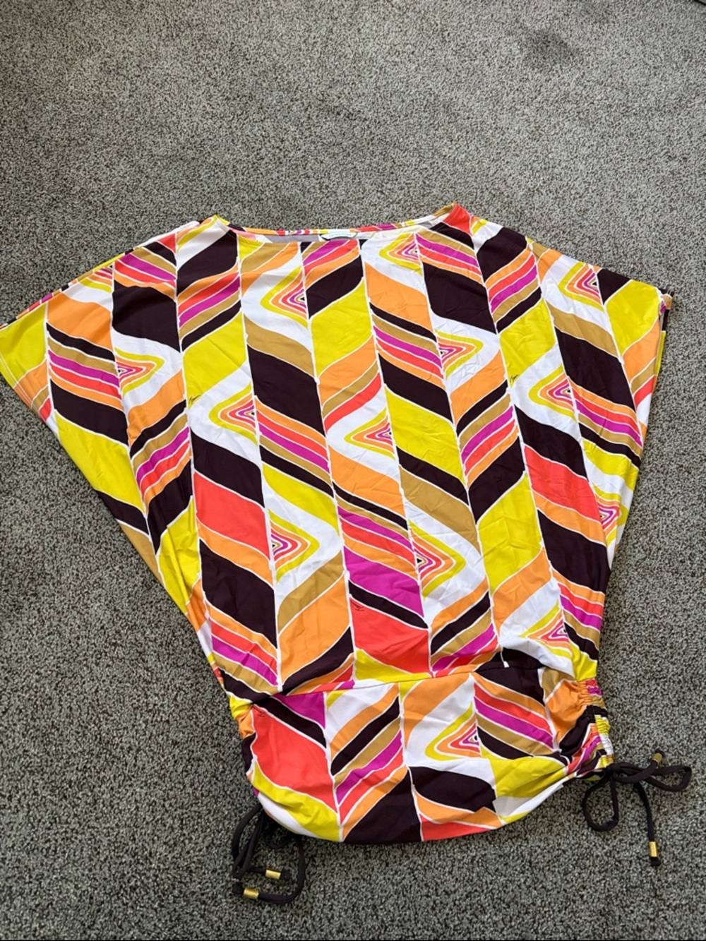 Trina Turk Vibrant Geometric Print Drawstring Top - Yellow, Pink, Orange, Brown